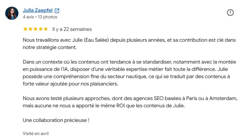 Avis client Julie Leveugle rédaction web SEO pour le nautisme